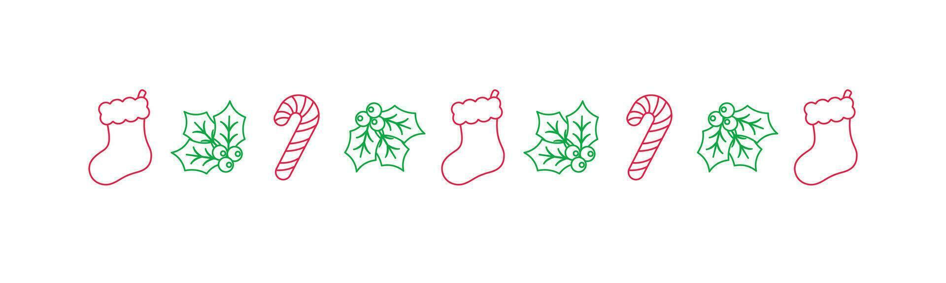 Christmas themed decorative border and text divider, Christmas Stocking, Candy Cane and Mistletoe Pattern Doodle. Vector Illustration.