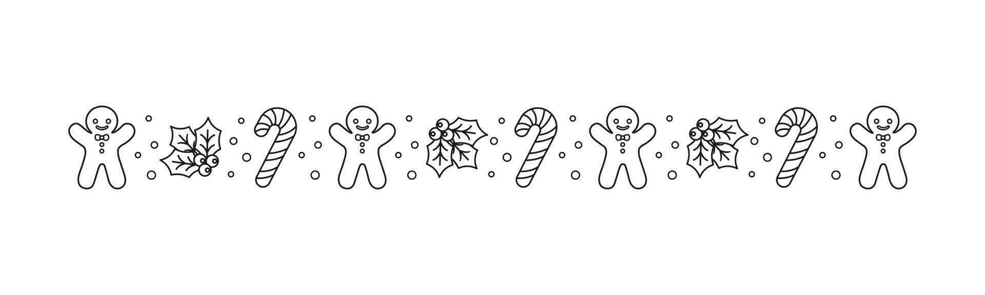 Christmas themed decorative border and text divider, Gingerbread Cookies and Candy Cane Pattern Outline Doodle. Vector Illustration.