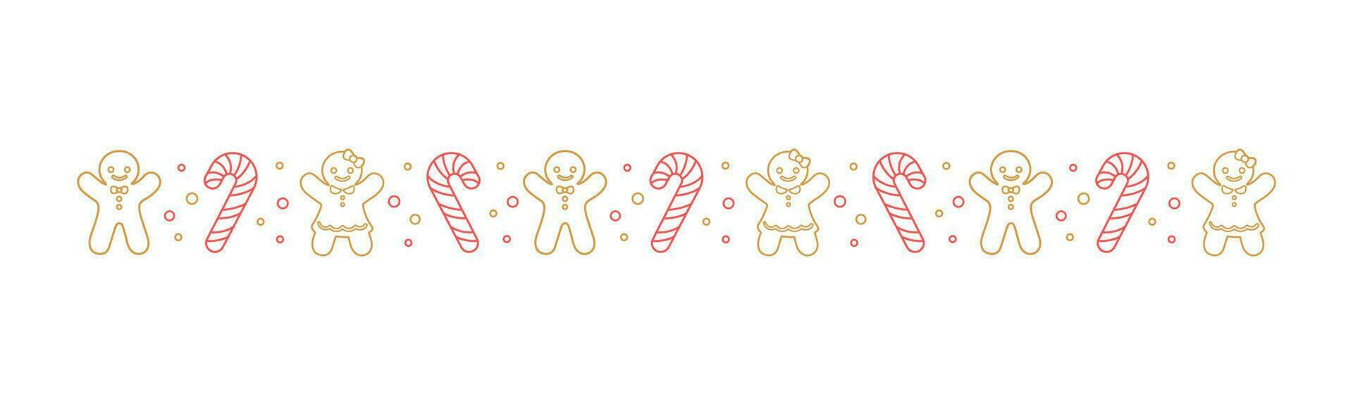 Christmas themed decorative border and text divider, Gingerbread Cookies and Candy Cane Pattern Outline Doodle. Vector Illustration.