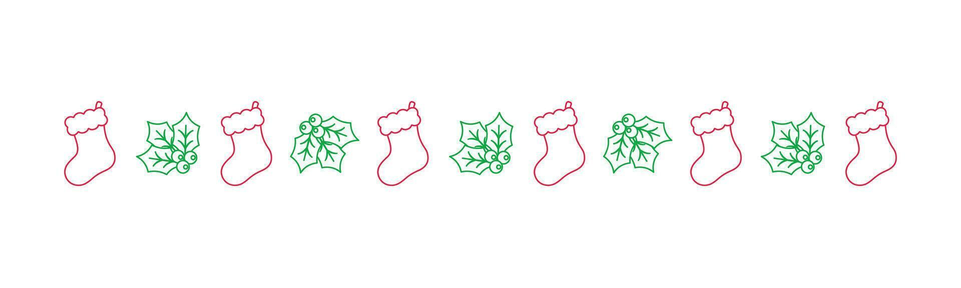 Christmas themed decorative border and text divider, Christmas Stocking and Mistletoe Pattern Line Art Doodle. Vector Illustration.