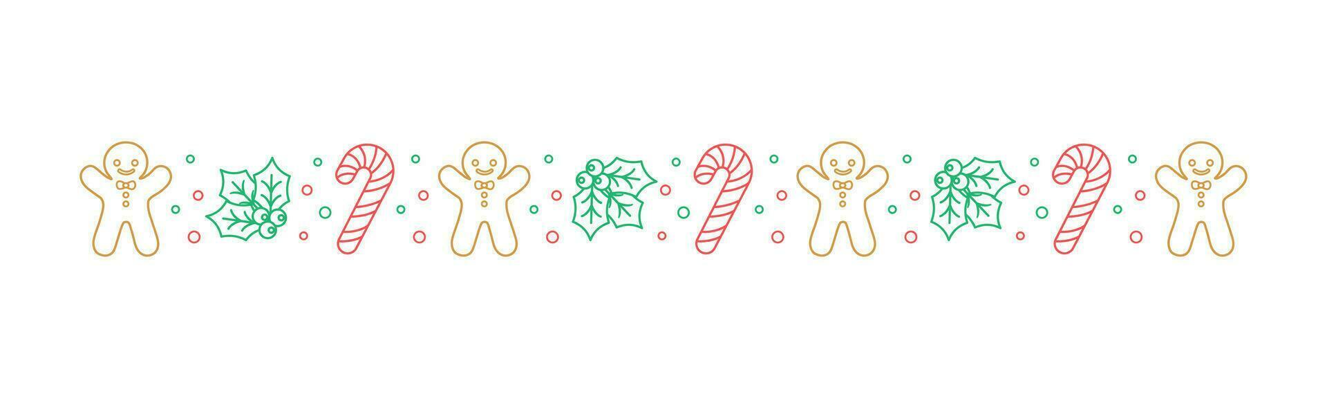 Christmas themed decorative border and text divider, Gingerbread Cookies and Candy Cane Pattern Outline Doodle. Vector Illustration.