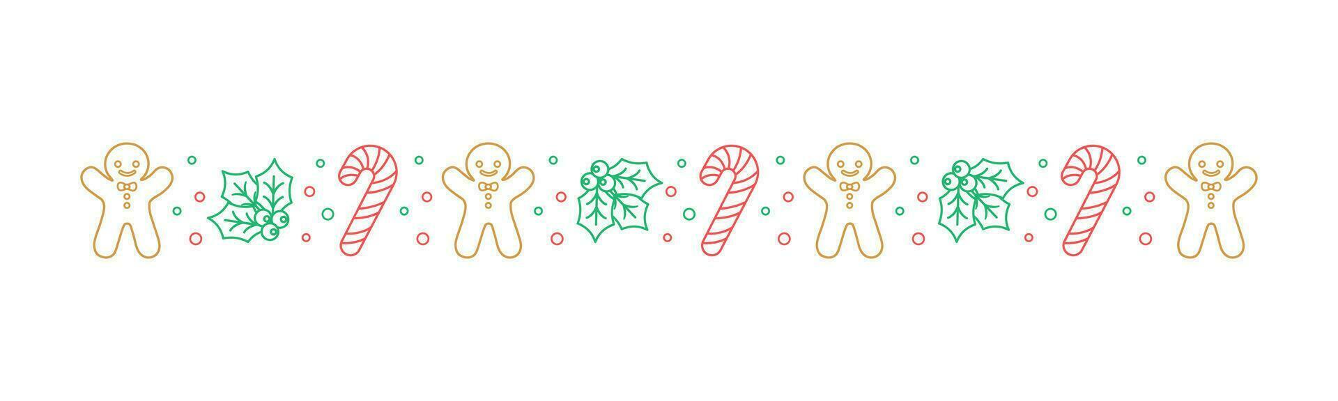 Christmas themed decorative border and text divider, Gingerbread Cookies and Candy Cane Pattern Outline Doodle. Vector Illustration.
