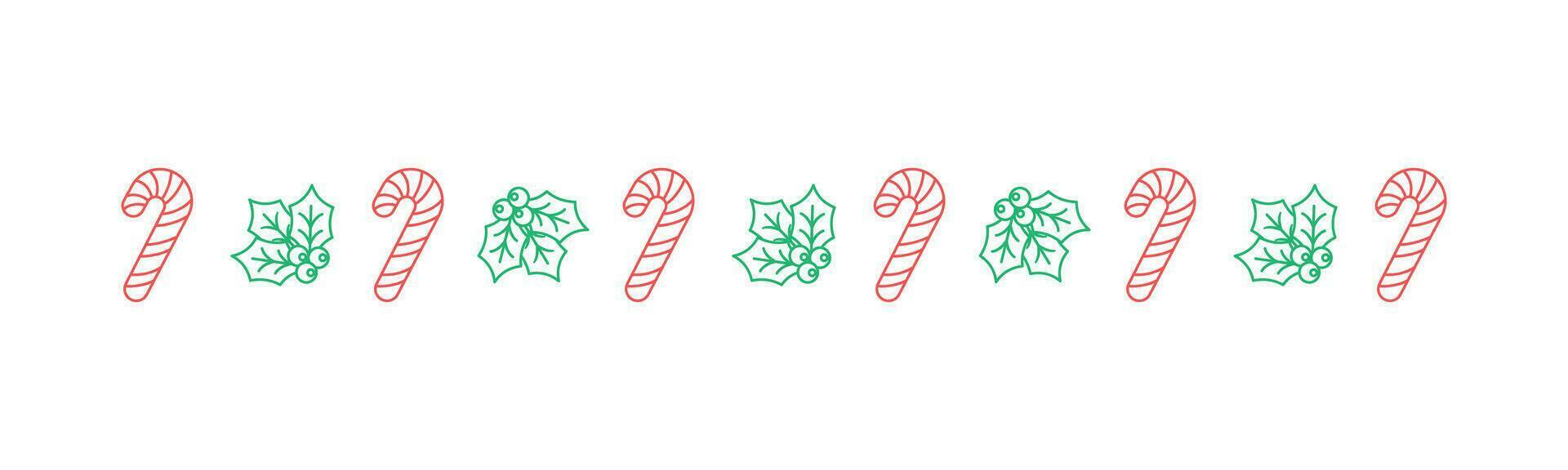 Christmas themed decorative border and text divider, Mistletoe and Candy Cane Pattern Outline Doodle. Vector Illustration.