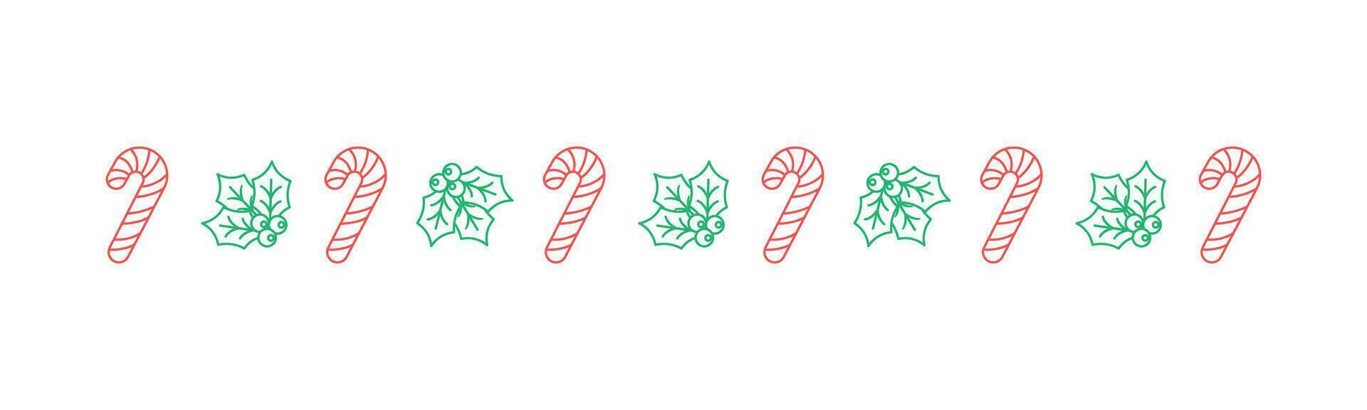 Christmas themed decorative border and text divider, Mistletoe and Candy Cane Pattern Outline Doodle. Vector Illustration.