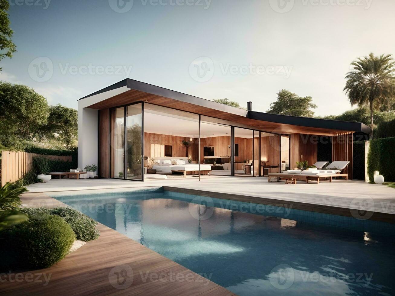 modern house with swimming pool, AI generated photo