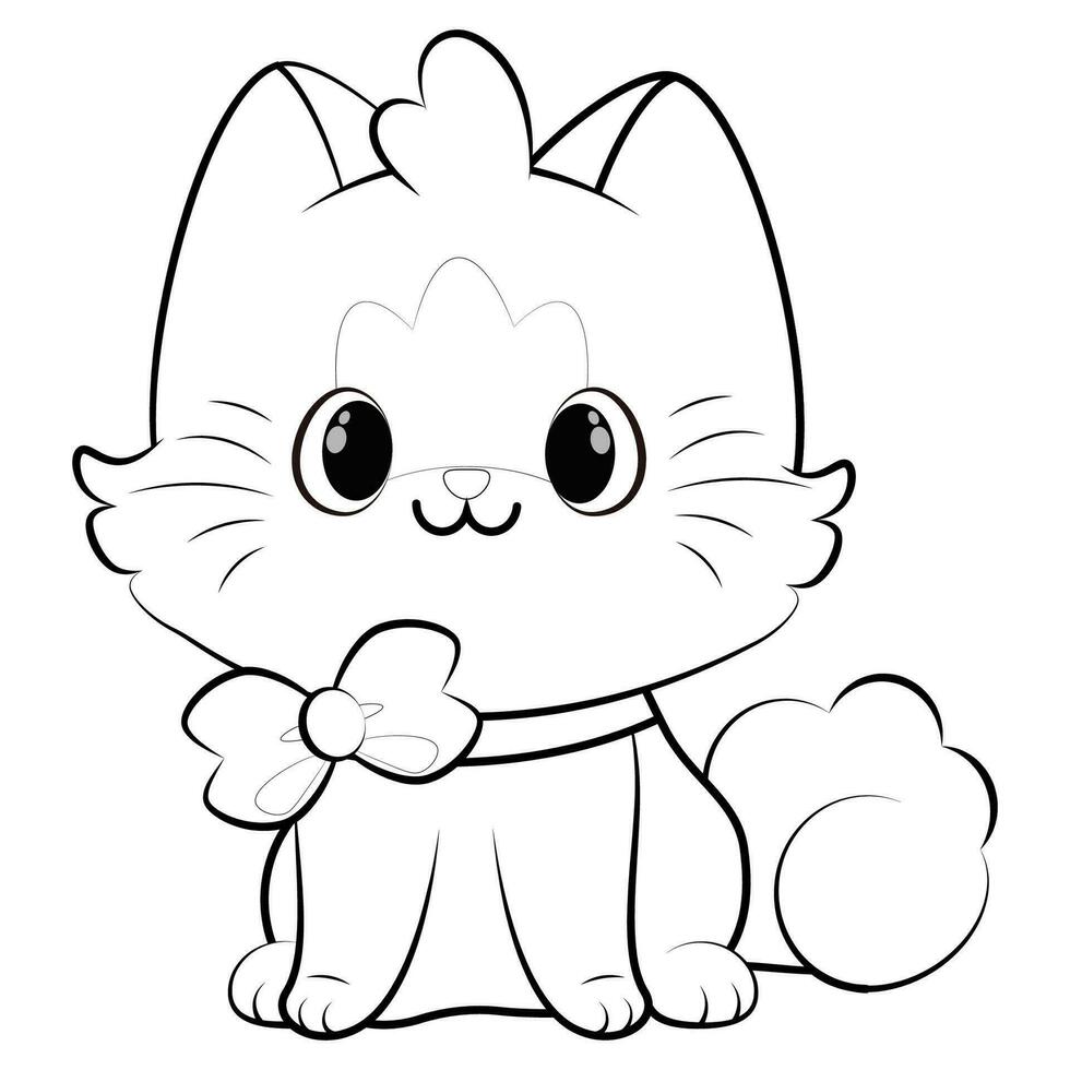 Cute little cat with a bow on his neck coloring page vector