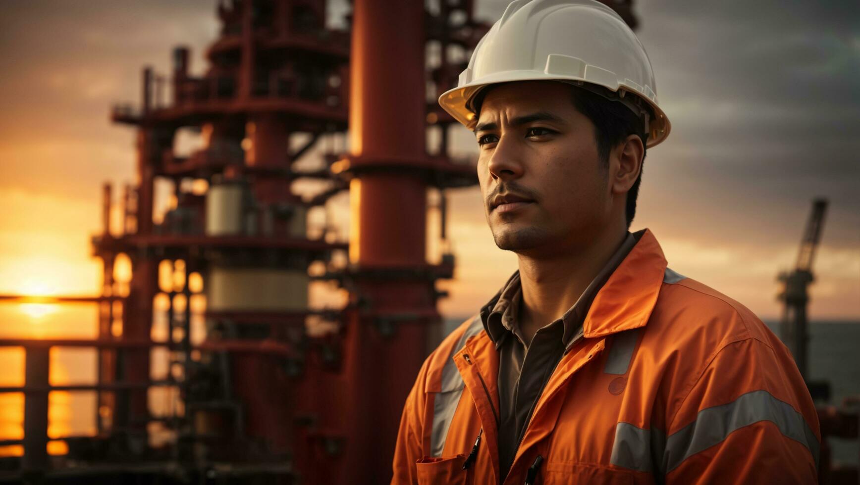 retrato de un hombre petróleo plataforma trabajador con un casco en frente de el costa afuera plataforma con puesta de sol antecedentes. ai generativo foto