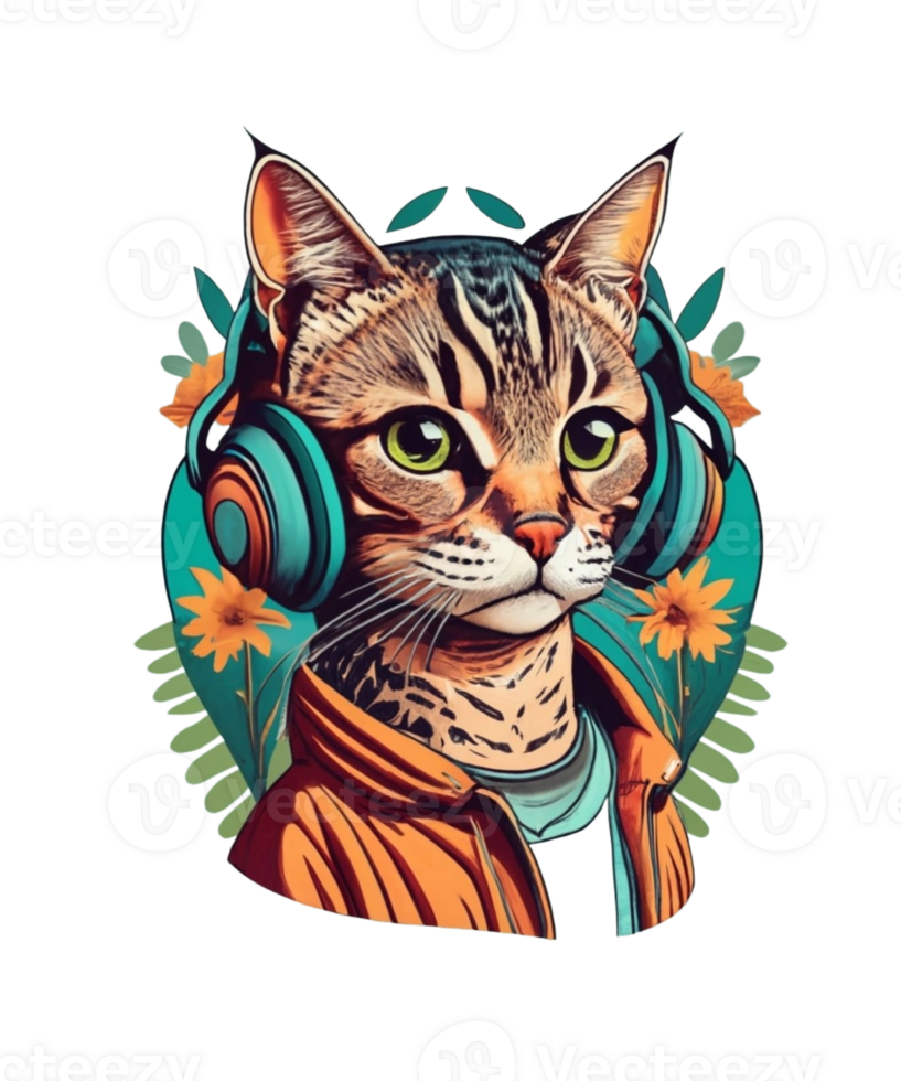 Cool Cat Wearing Headphone AI Generative Clipart Illustration for Print on Demand Clipart Design is Also perfect for any projects like tshirts or book cover png