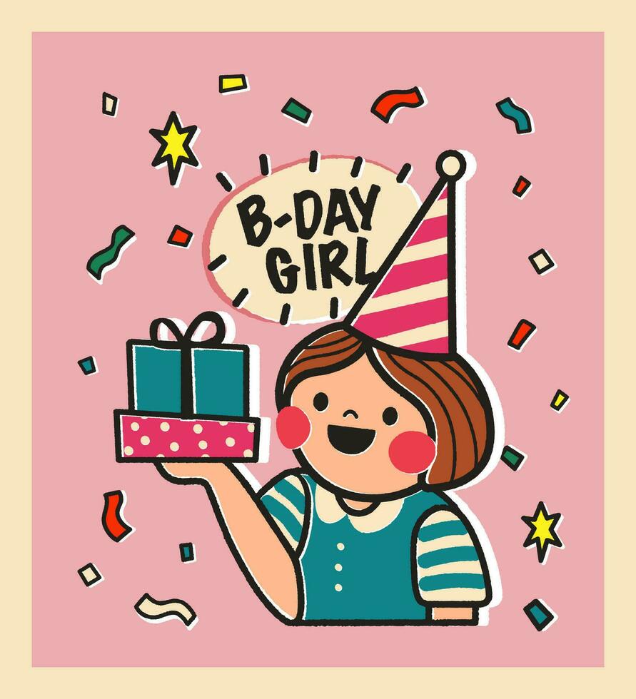 Happy birthday card with cartoon girl holding a gift illustration on pink background. Sticker style greeting card in retro style. Cute postcard for child or design for your brand. vector