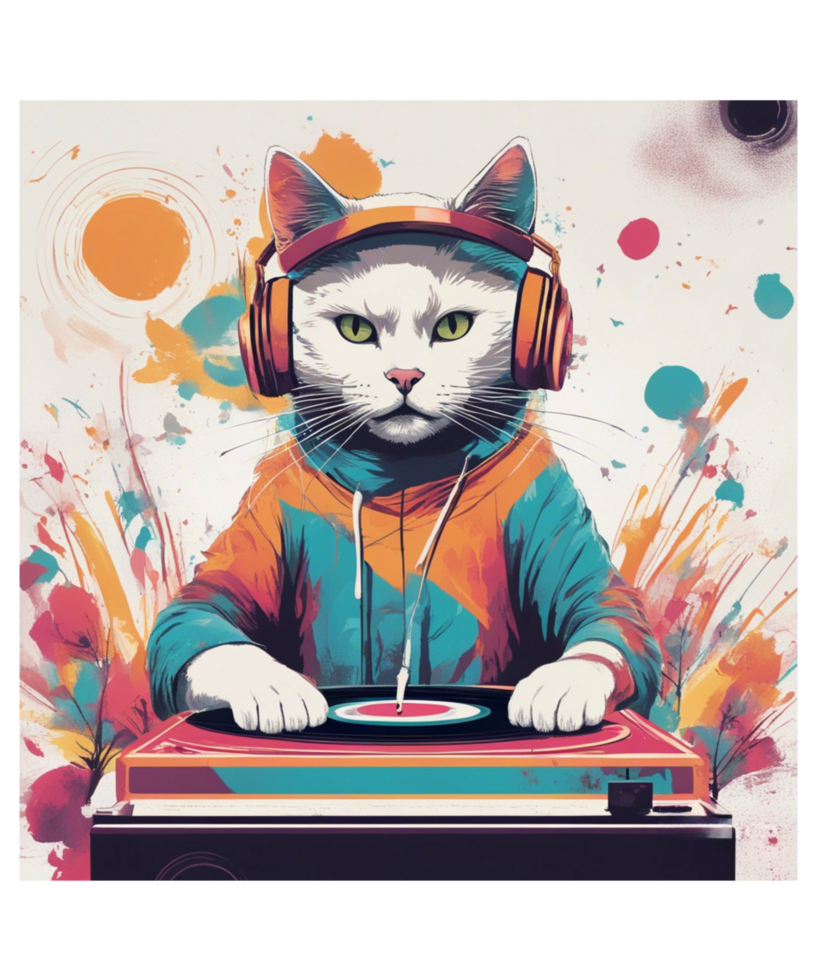 Cool Cat Wearing Headphone AI Generative Clipart Illustration for Print