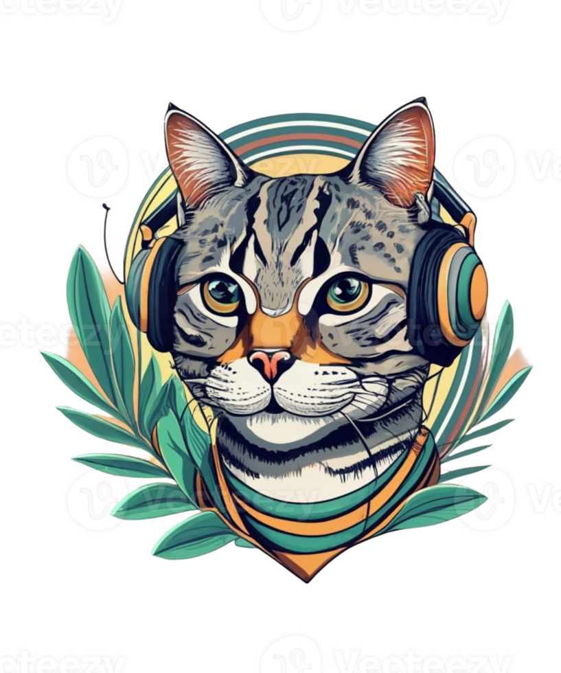 Häftigt katt bär hörlurar ai generativ ClipArt illustration för skriva ut på efterfrågan ClipArt design är också perfekt för några projekt tycka om tshirts eller bok omslag png