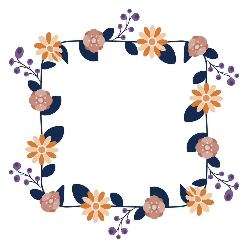 Round frame contour wreath with herbs and flowers isolated on white. Round frame Seamless pattern brush for your posters, designs, greeting cards, and wedding announcements vector