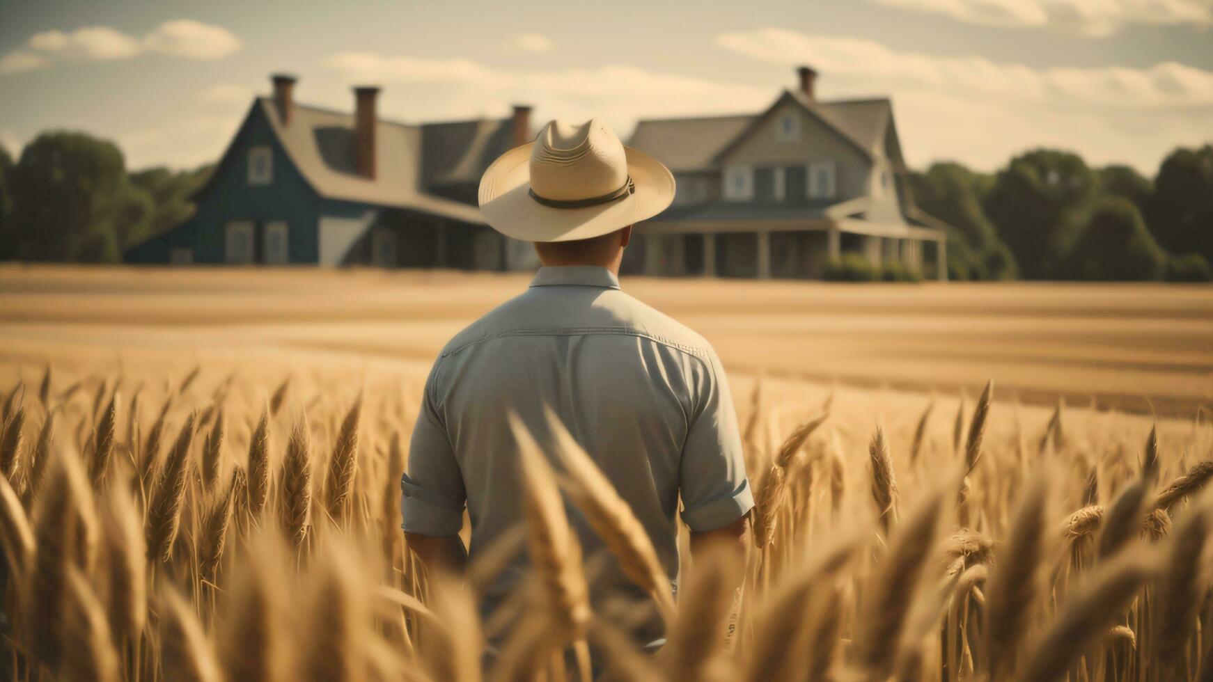 A farmer man standing on a wheat grass field. Generative AI photo