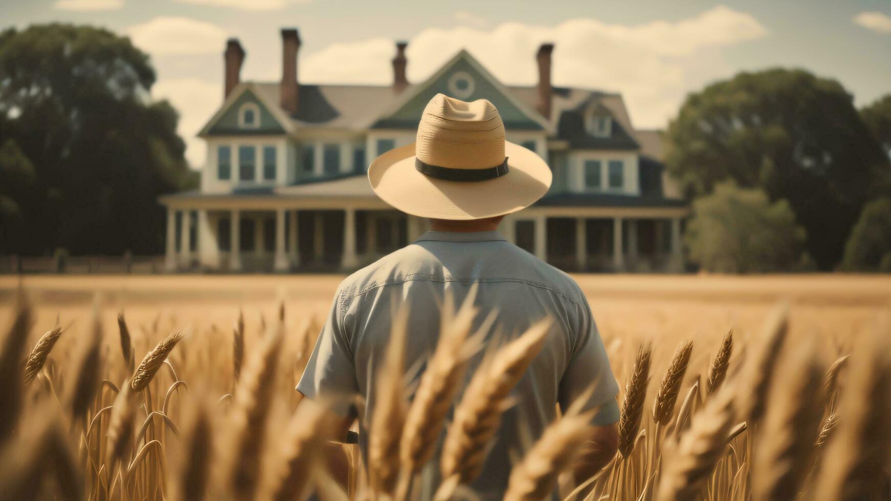 A farmer man standing on a wheat grass field. Generative AI photo