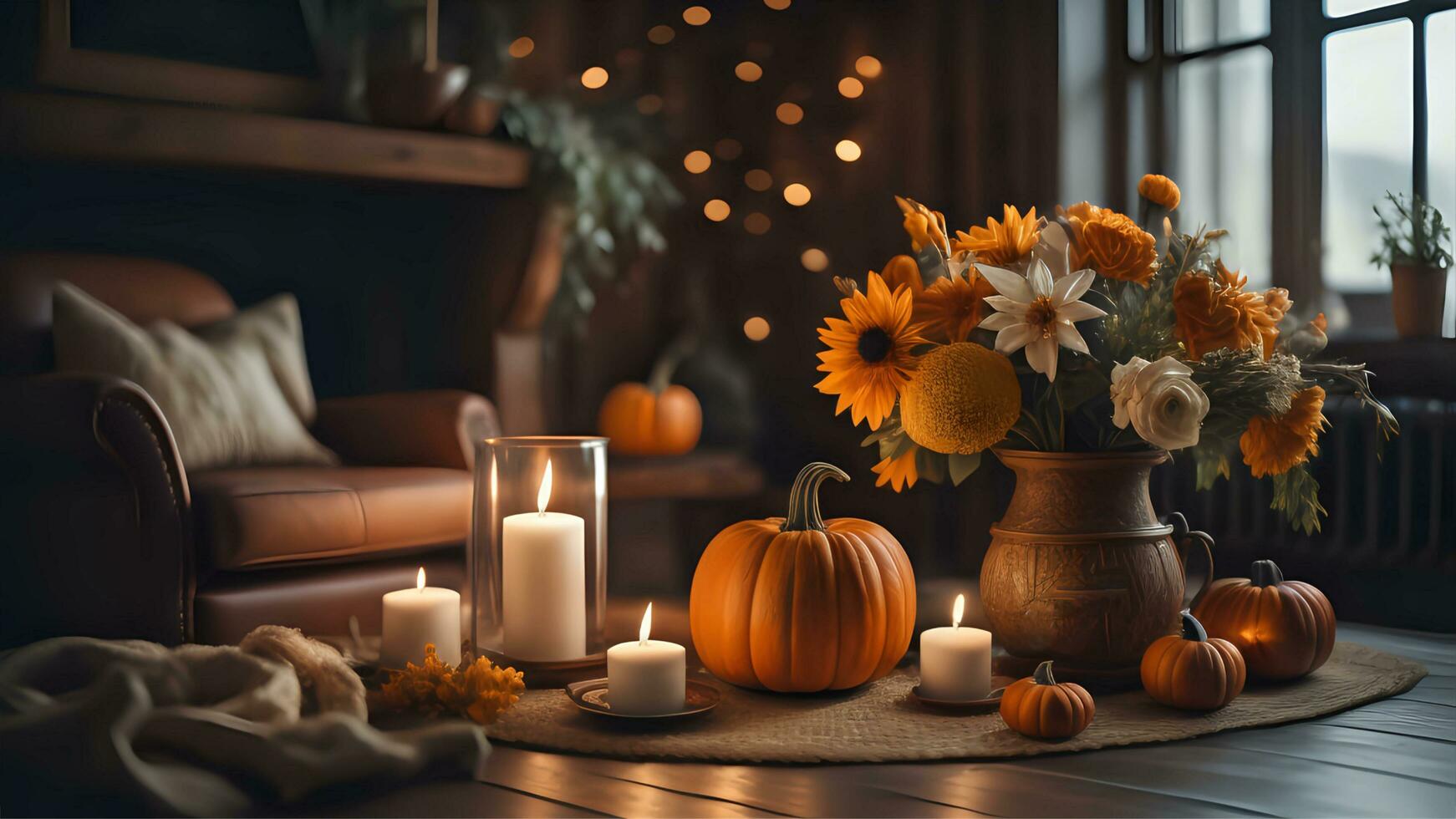 Cozy fall corner border with pumpkins, leaves and blanket. view on a white wood banner background. Ai Generate photo