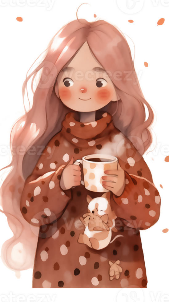 little girl with hot  cocoa autumn country life AI Generative png