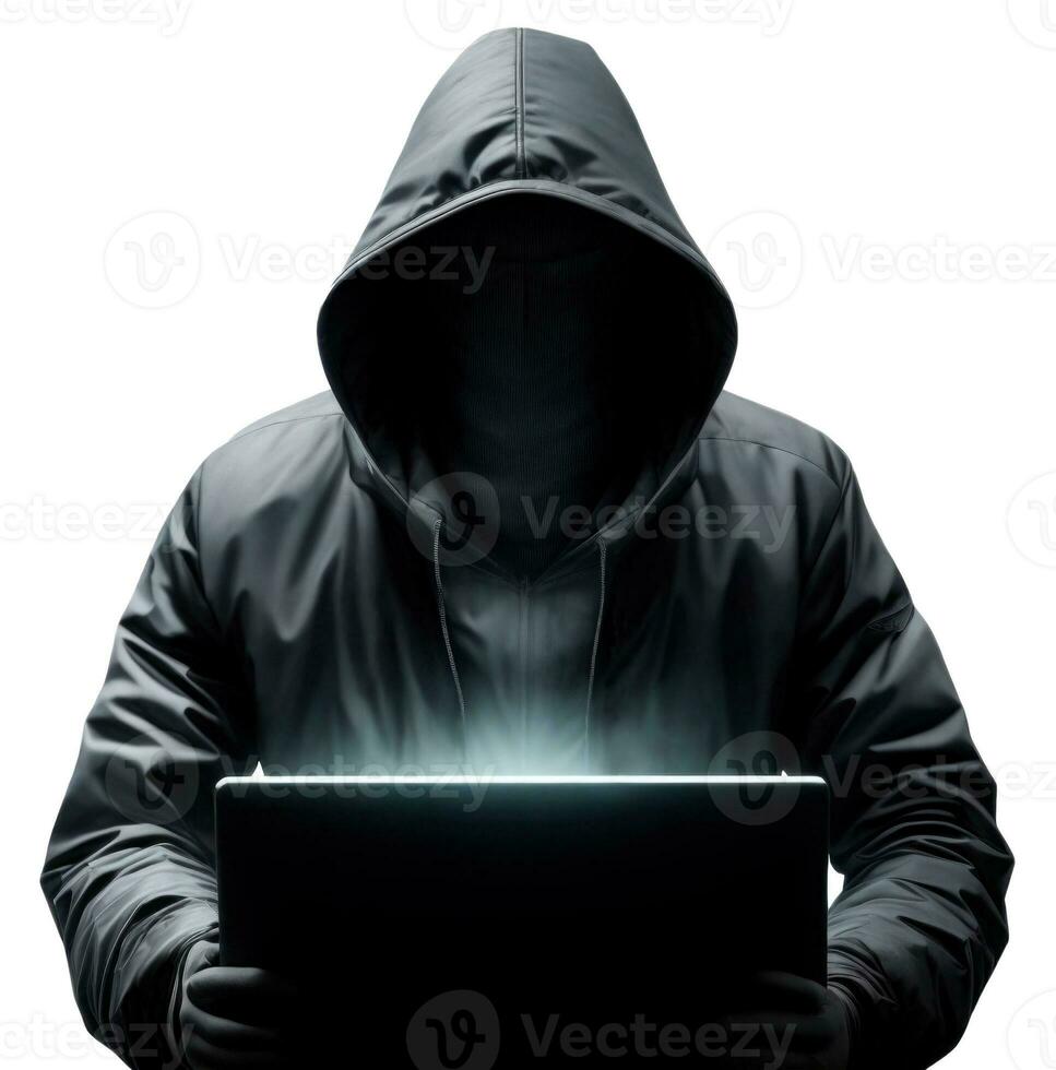 Hacker with laptop hacking computer system isolated on white background. AI generative photo