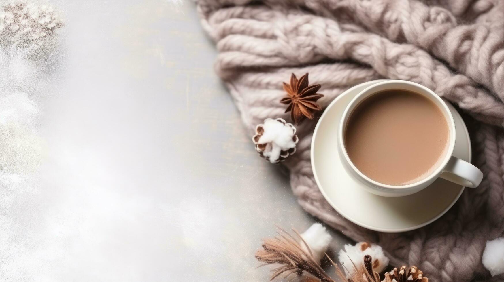 cozy winter background with cup of cocoa with space for text photo