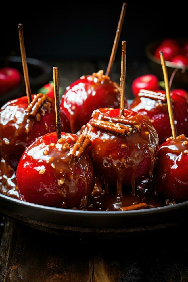 Delicious Glazed Red Toffee Candy Apples on Sticks photo