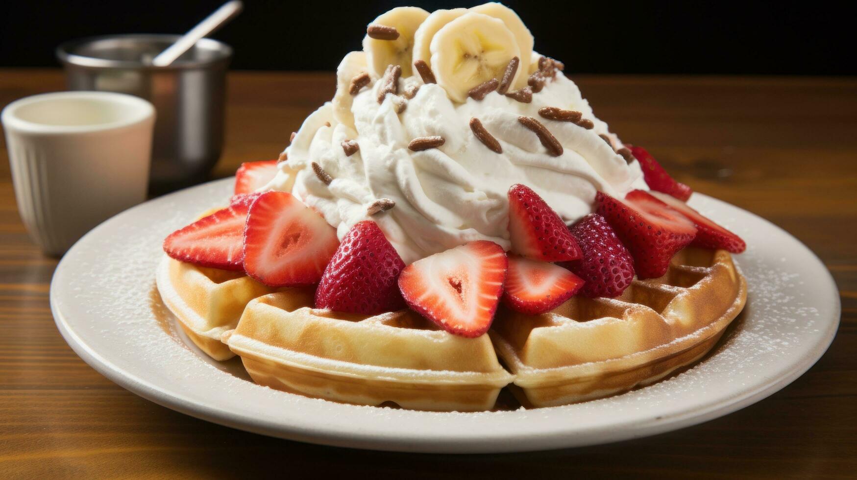 A mouthwatering waffle with sliced bananas strawberries photo