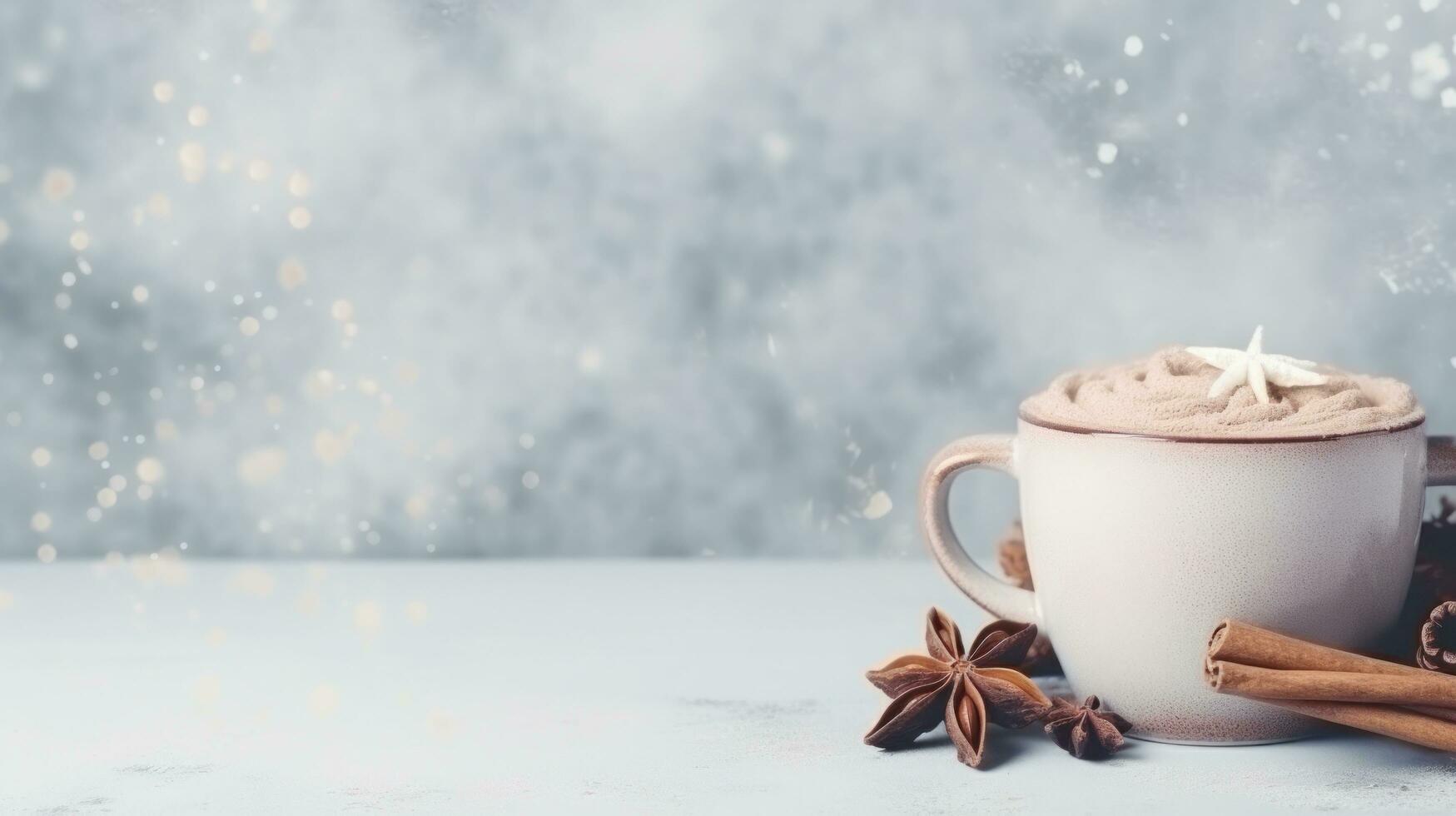 cozy winter background with cup of cocoa with space for text photo