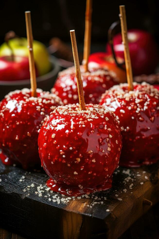 delicioso vidriado rojo caramelo caramelo manzanas en palos foto