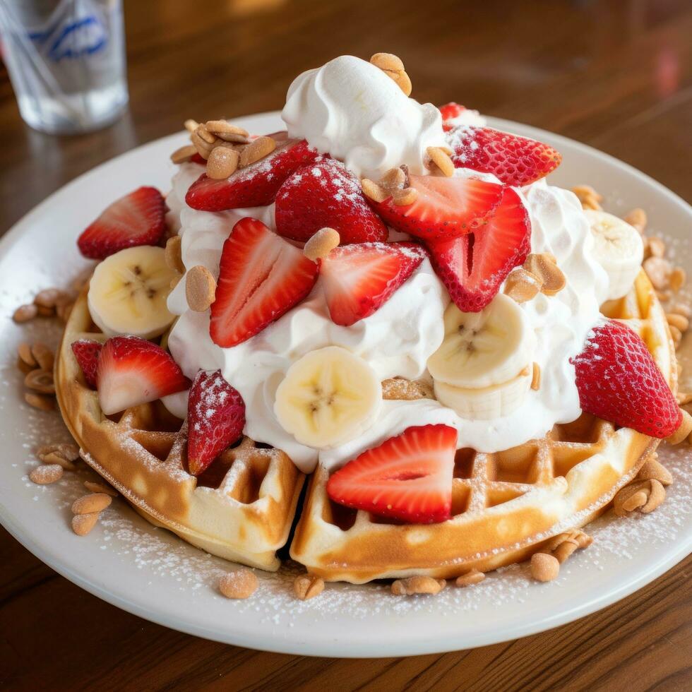 Waffles with fresh strawberries, bananas, and a generous amount of whipped cream photo