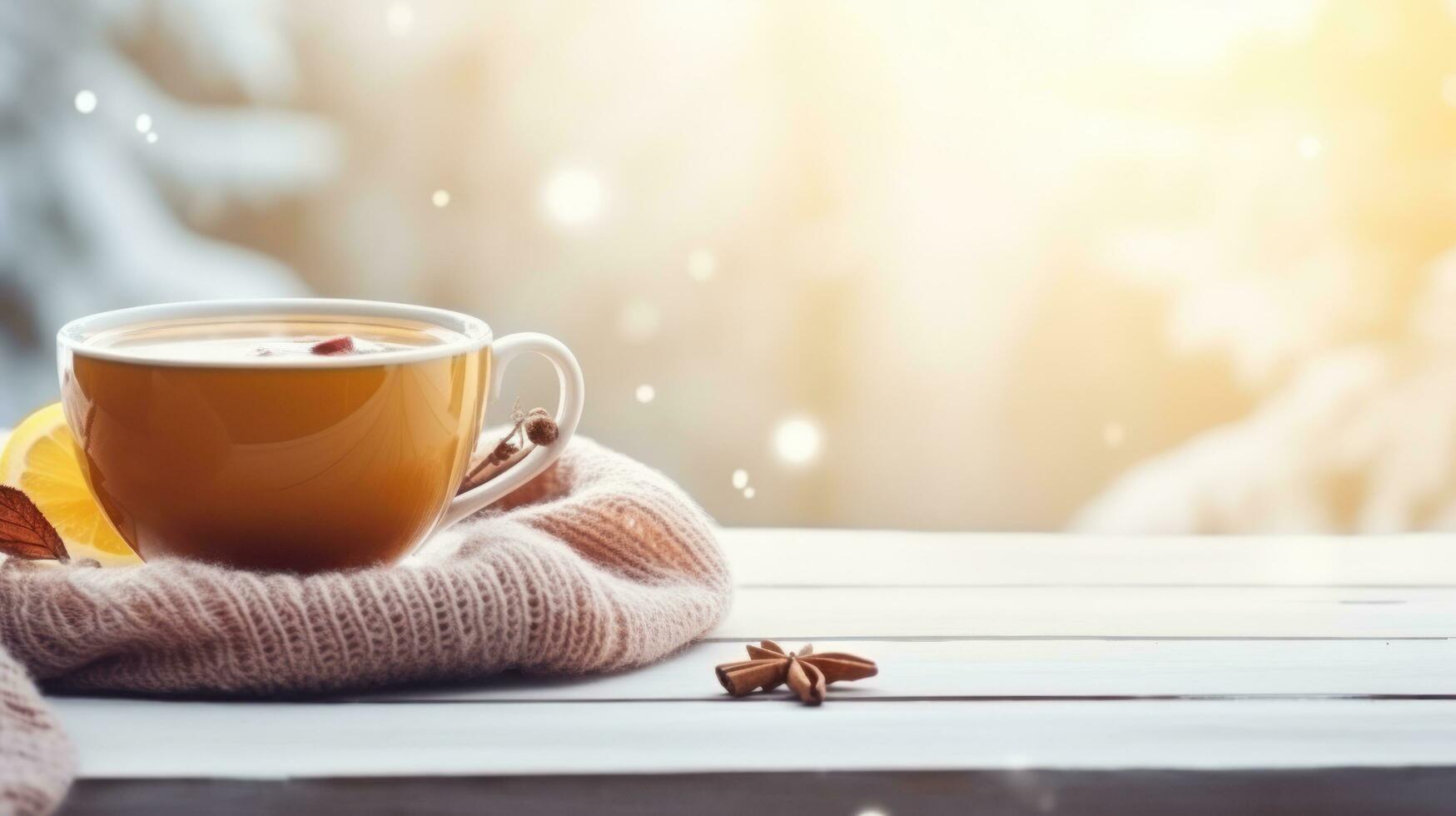 cozy winter background with cup of cocoa with space for text photo