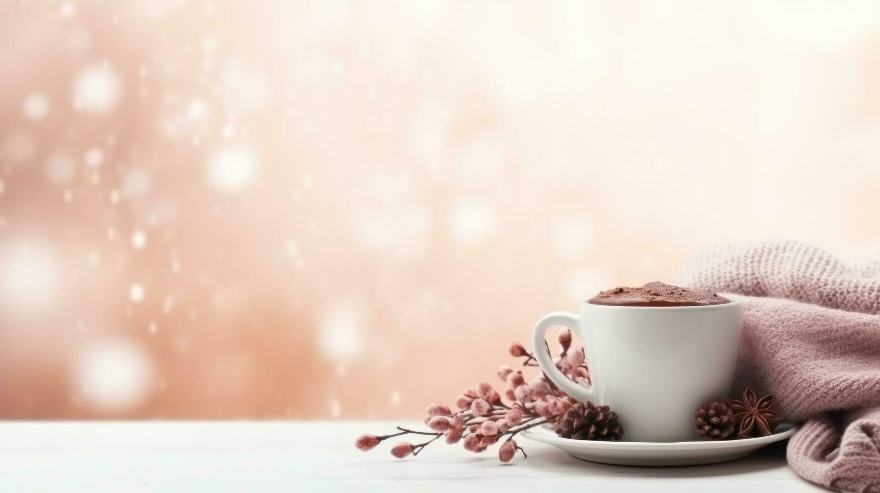 cozy winter background with cup of cocoa with space for text photo
