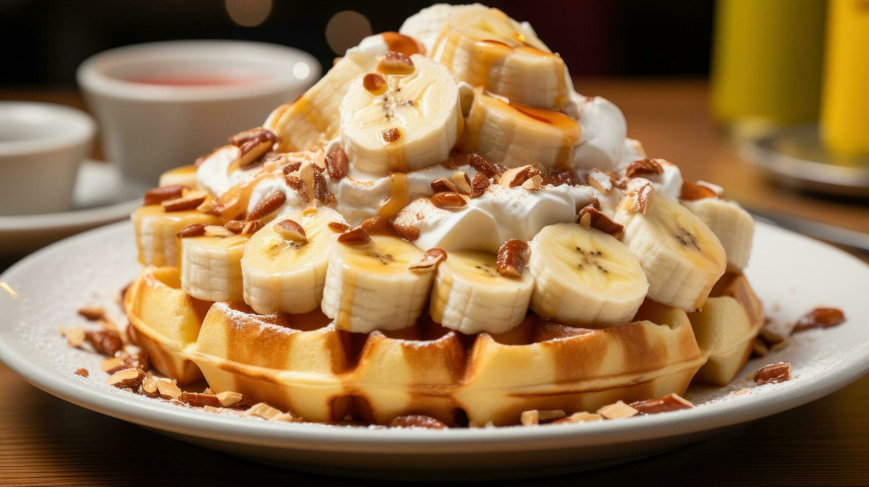 A close-up of a waffle with sliced bananas and whipped cream on top photo