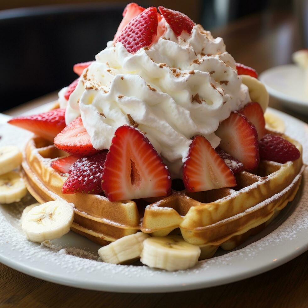 Waffles with fresh strawberries, bananas, and a generous amount of whipped cream photo