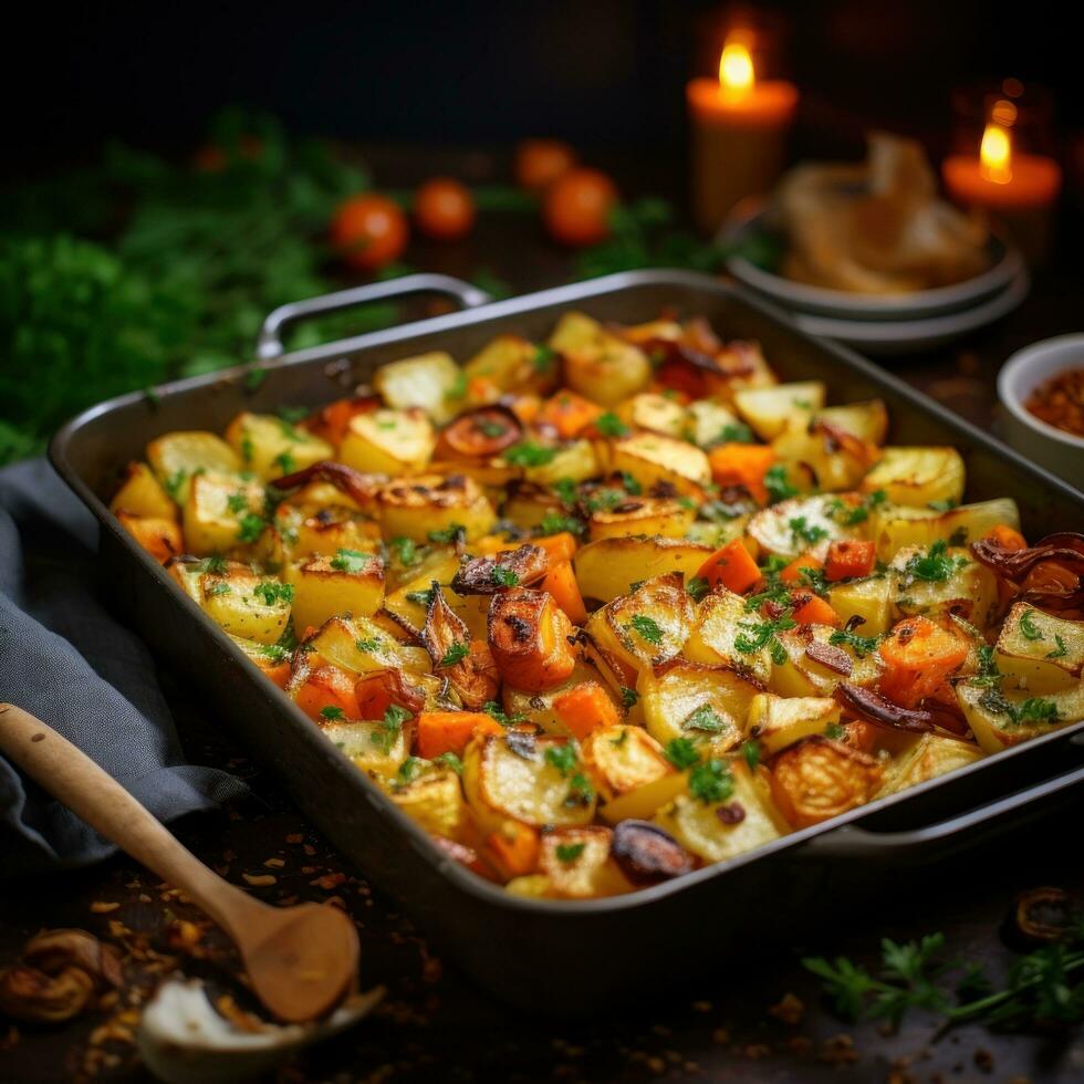 asado raíz vegetales con ajo y hierbas foto