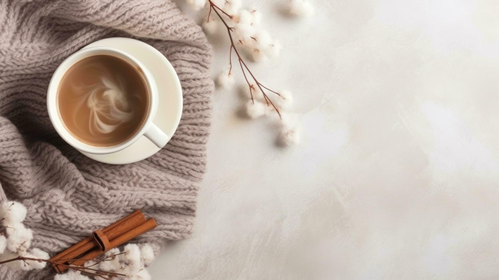cozy winter background with cup of cocoa with space for text photo