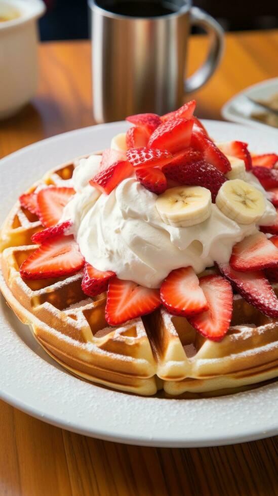 A mouthwatering waffle with sliced bananas strawberries photo