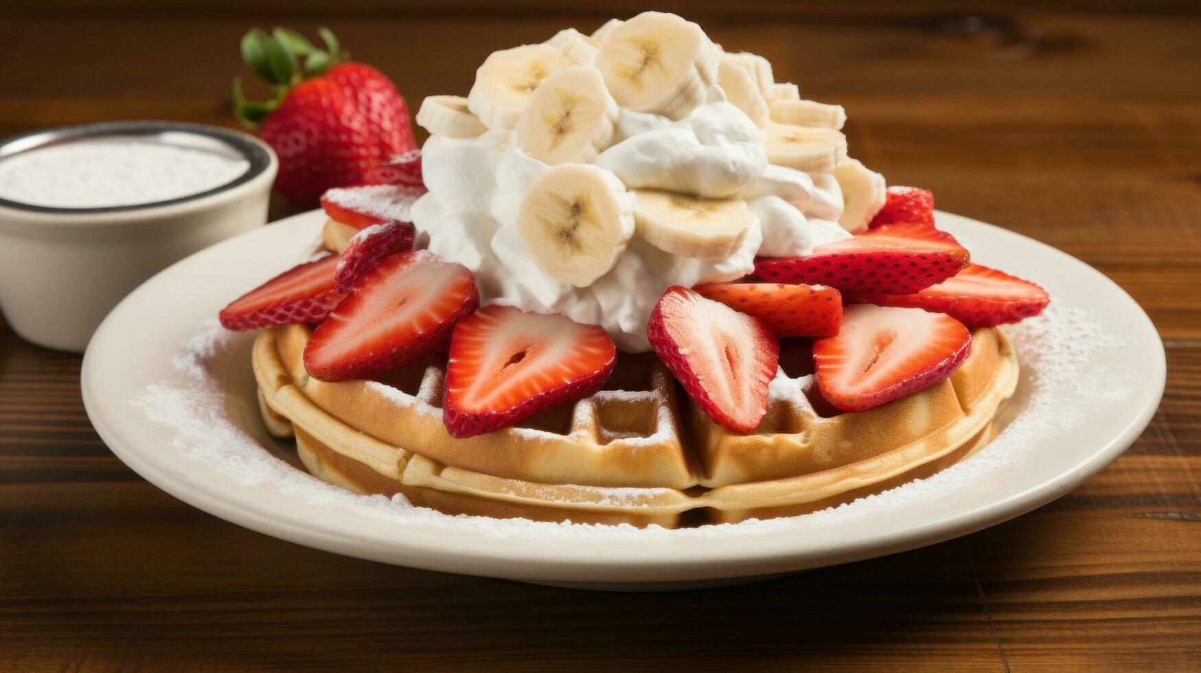Waffles with fresh strawberries, bananas, and a generous amount of whipped cream photo