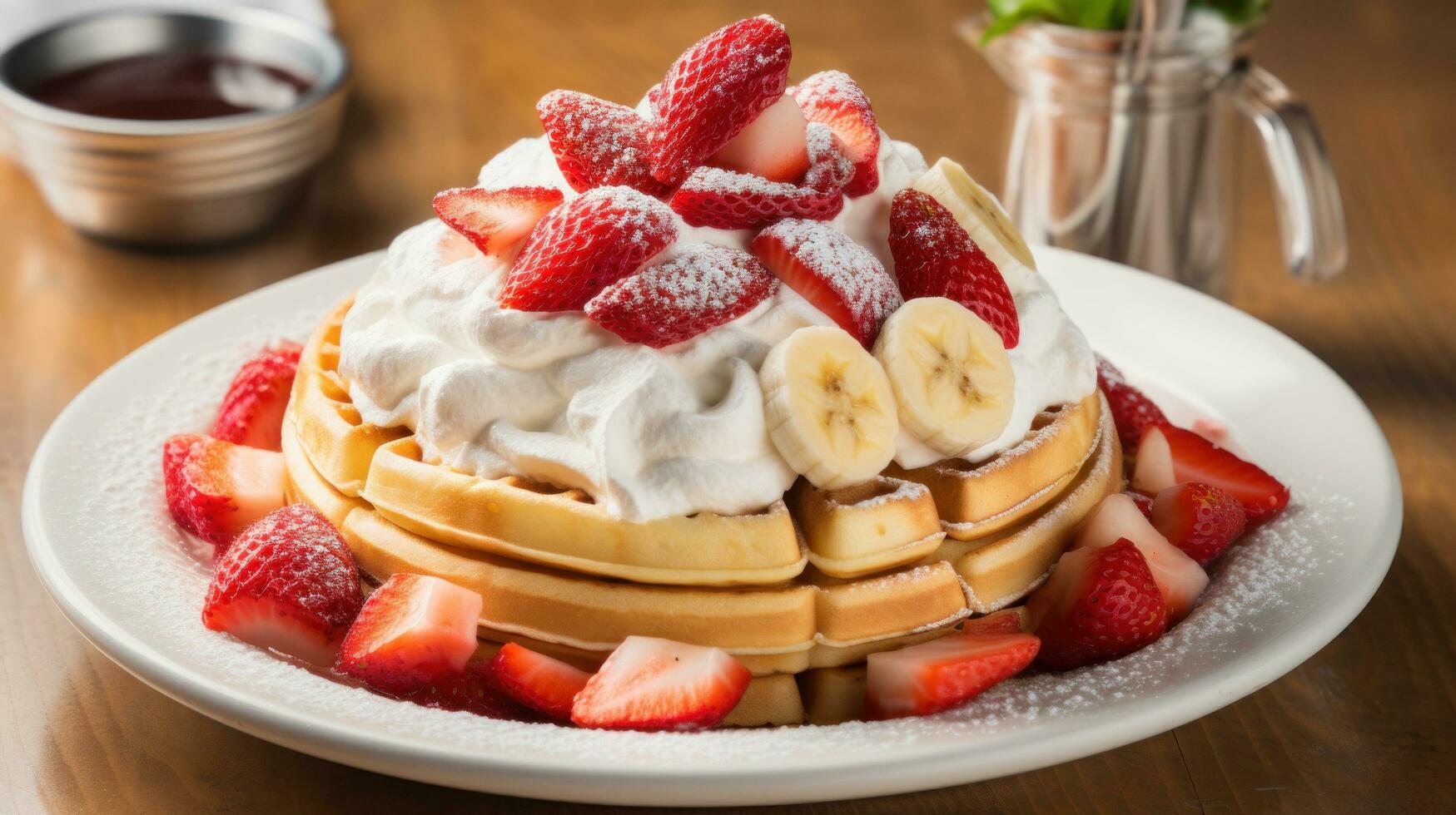 gofres con Fresco fresas, plátanos, y un generoso cantidad de azotado crema foto