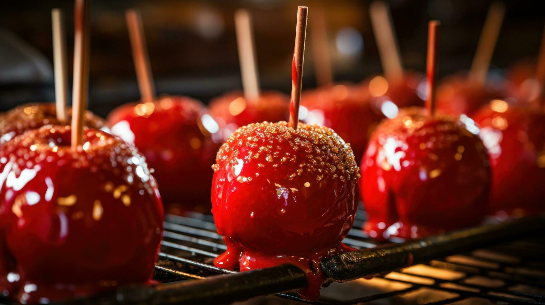 Delicious Glazed Red Toffee Candy Apples on Sticks photo