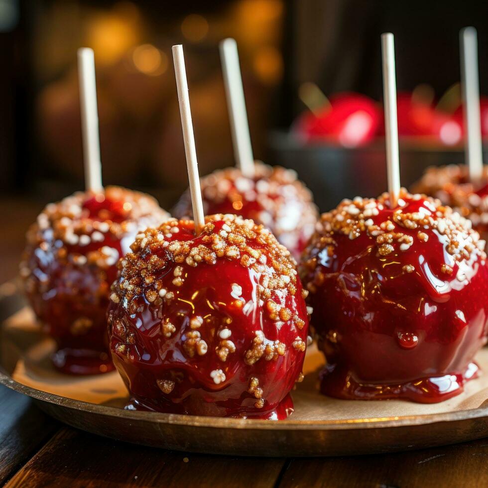 delicioso vidriado rojo caramelo caramelo manzanas en palos foto