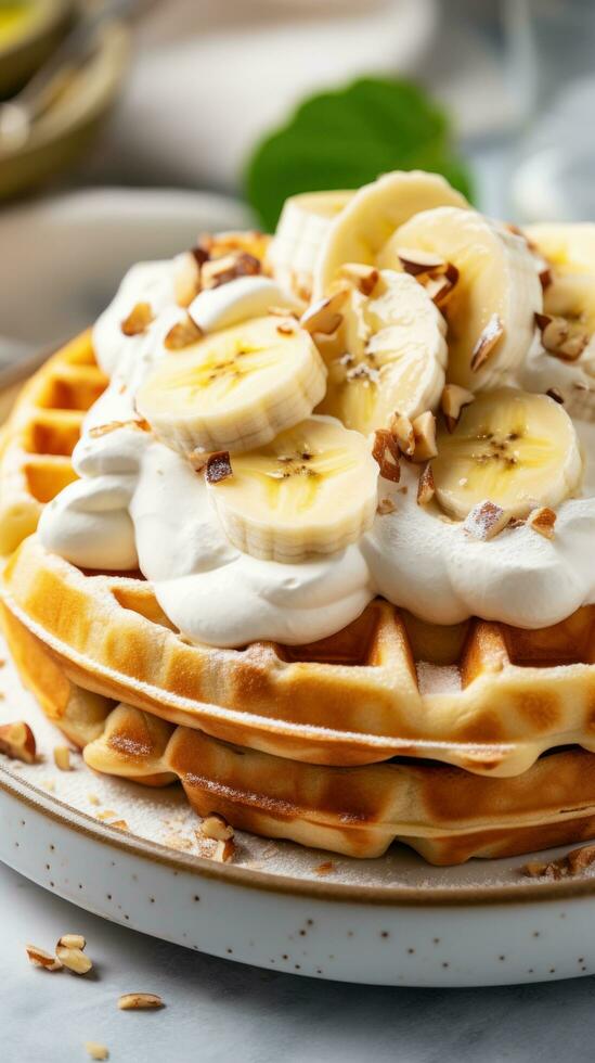 A close-up of a waffle with sliced bananas and whipped photo