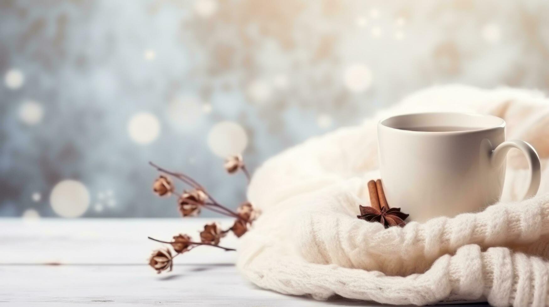cozy winter background with cup of cocoa with space for text photo