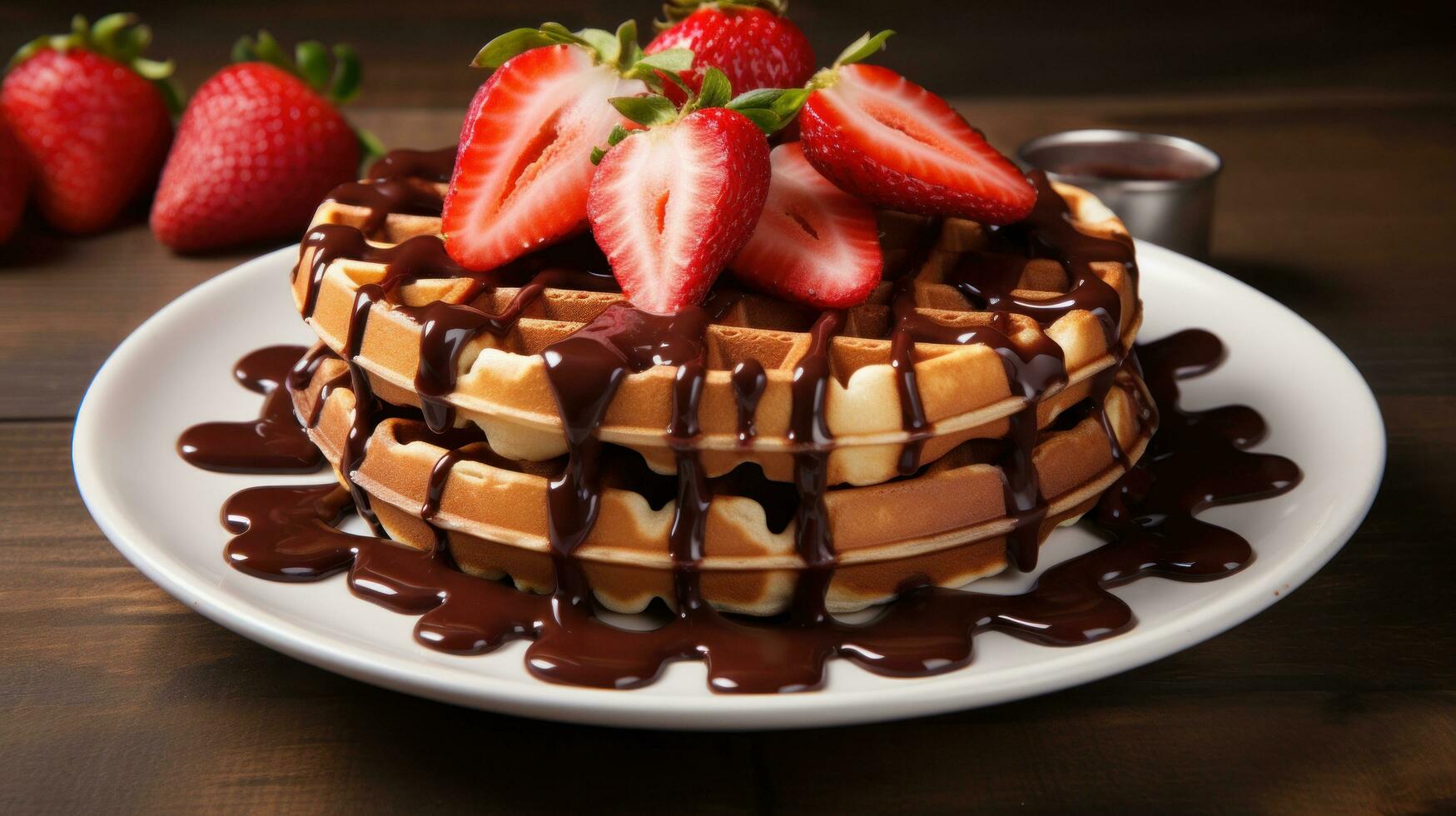 A stack of waffles with a side of fresh strawberries and a drizzle of chocolate syrup photo