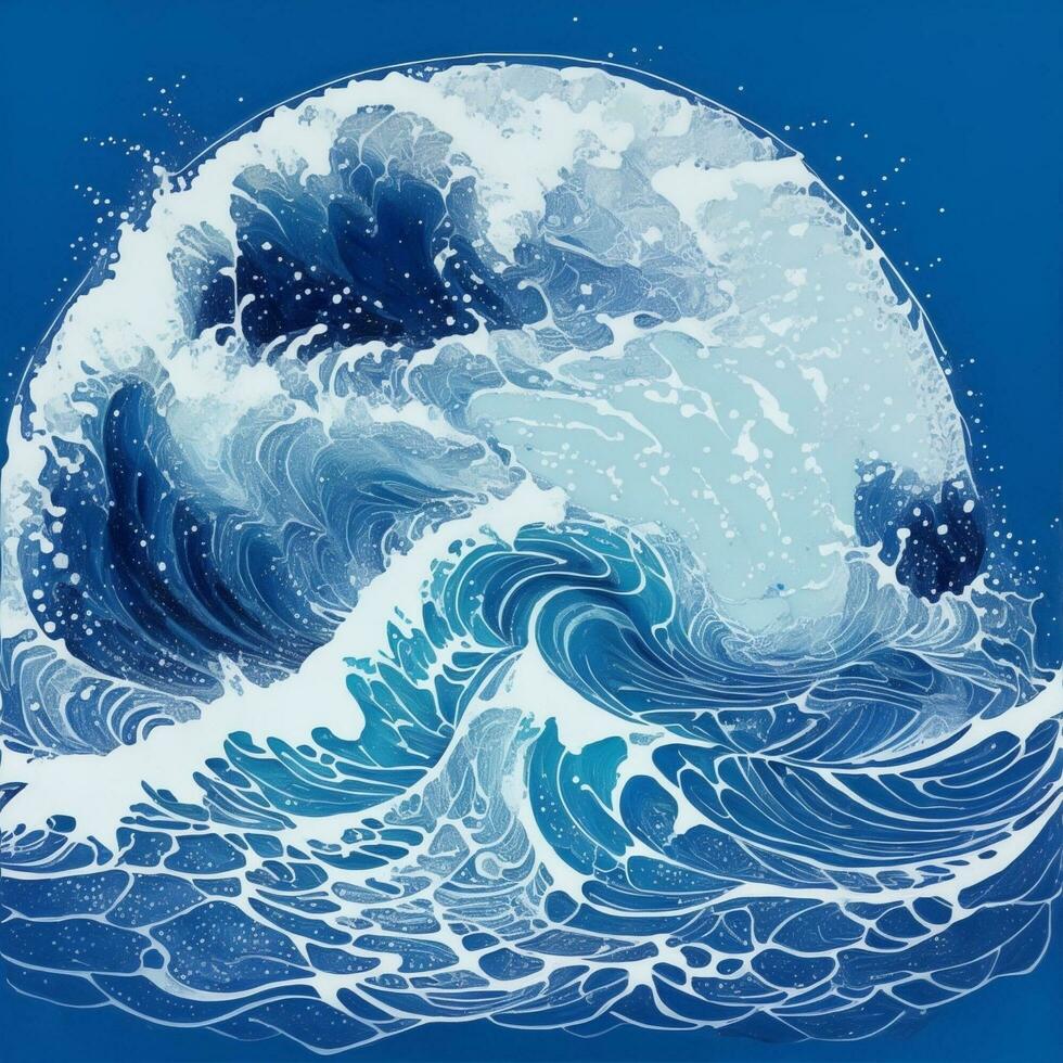 Blue Wave Japanese Style Illustration Ai Generative photo