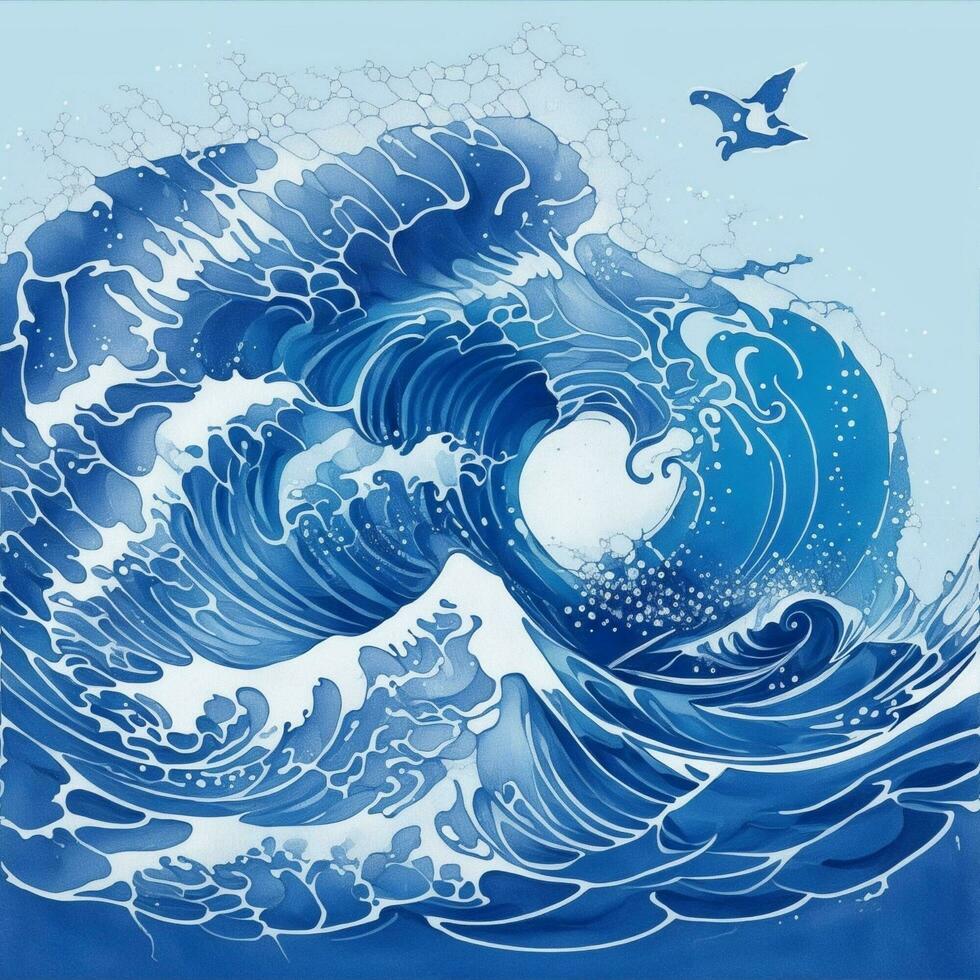 Blue Wave Japanese Style Illustration Ai Generative photo