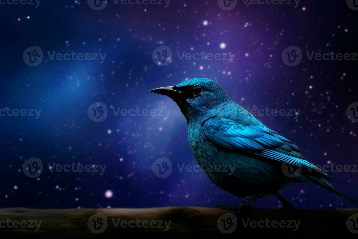 Blue bird on glowing stars sky background. Generate ai photo
