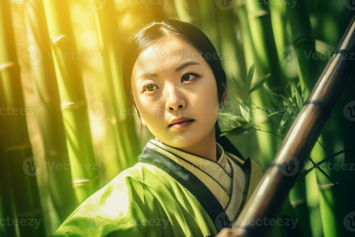 chino niña con bambú luchando palo. generar ai foto