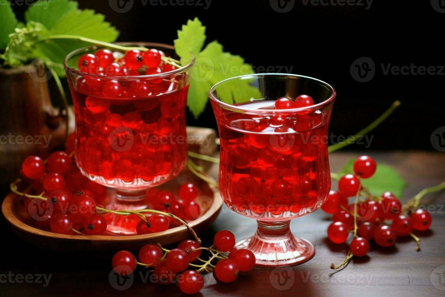 Fresh red currants in glasses on table. Generate Ai photo