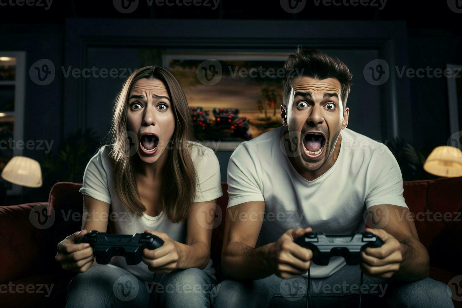 Emotional couple sitting on sofa playing video games at evening. Generate Ai photo
