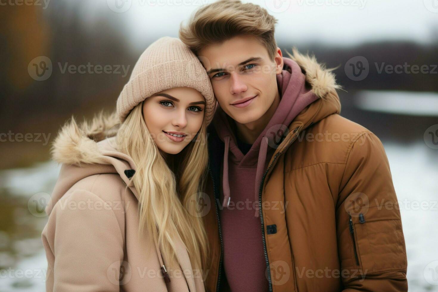 Cute young smiling couple in warm clothes outdoors. Generate Ai photo