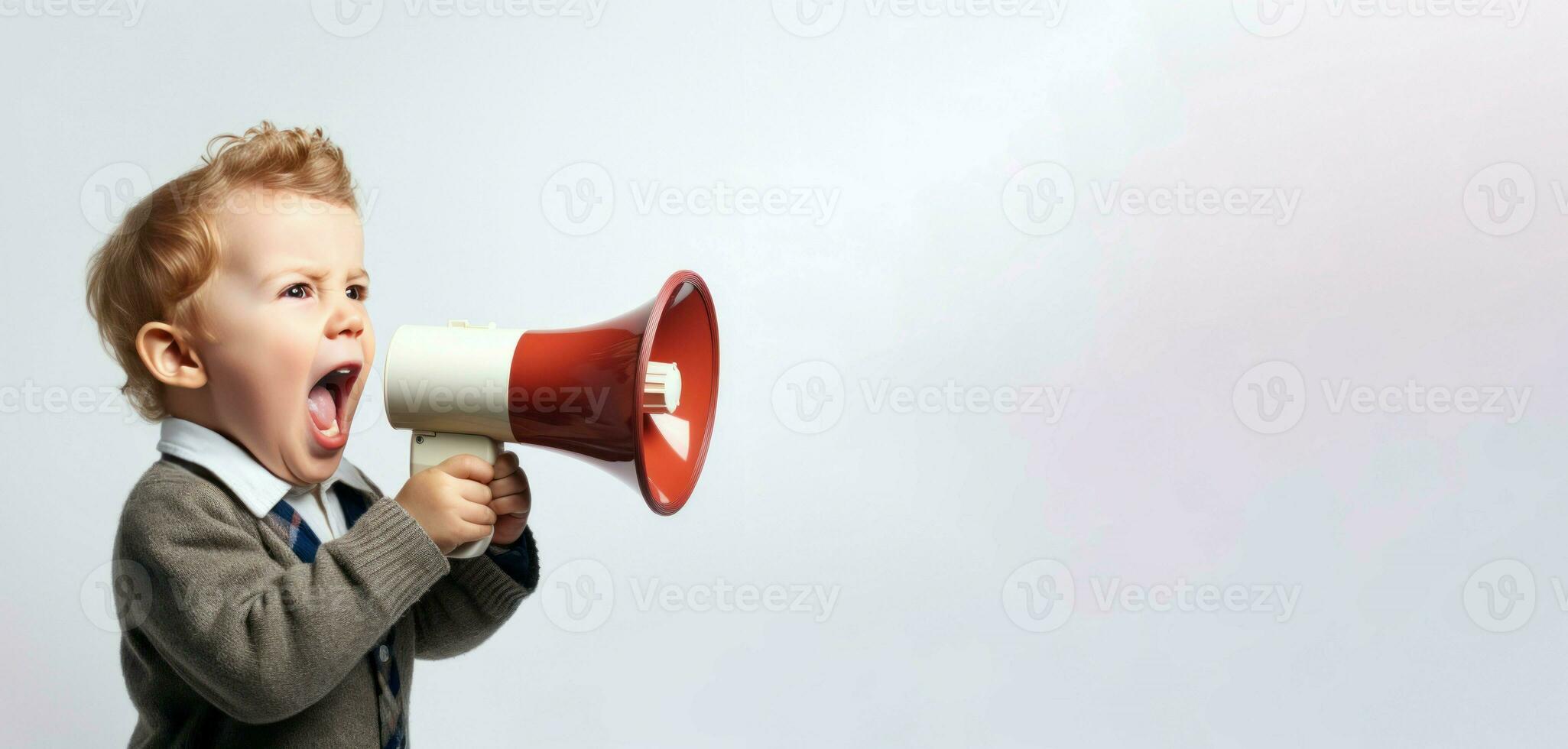 Emotional little boy with red megaphone banner. Generate ai photo