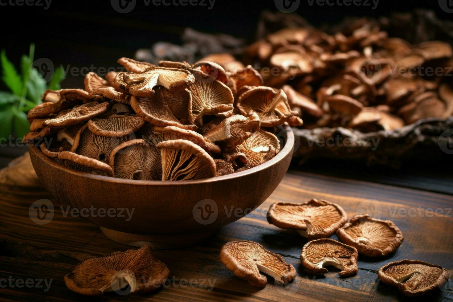 Dried mushroom on wooden background. Generate Ai photo